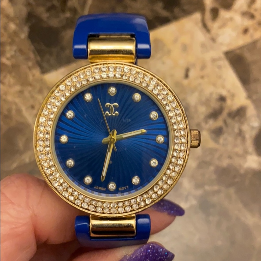 Blue with rhinestone accent bangle watch